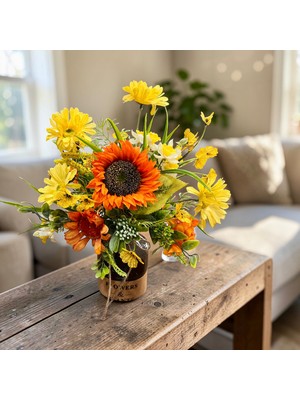 Sedosh Home Vision Turuncu Sarı Ayçiçeği Yapay Çiçek Aranjmanı Cam Vazoda Dekoratif