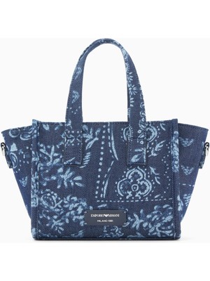 Emporio Armani Kadın Orijinal Bandana Baskılı Küçük Kanvas Desen Fermuar Kapama Lacivert Omuz Çantası EW000371 AF25821-FB467