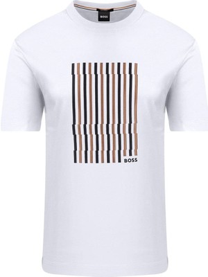 Boss Erkek Logolu Bisiklet Yaka Kısa Kol Standart Beyaz T-Shirt 50560466-100