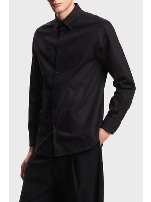 Emporio Armani Erkek Ipek Karışımlı Regular Fit Gömlek Yaka Siyah Gömlek EM001537 AF18123-FC203