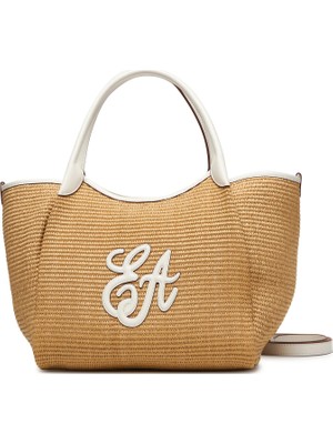 Emporio Armani Kadın Deri Kısa Kulp Hasır Kumaş Logo Desen Beyaz Omuz Çantası EW001009 AF25819-M1335
