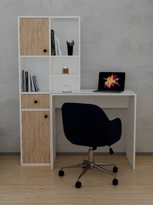 Alfimo Mobilya Smyrna Dolaplı Raflı Çekmeceli Kitaplıklı Çalışma Masası Gövde Beyaz & Kapak Atlantik Çam