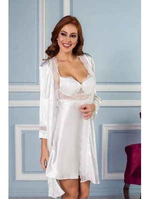 Pierre Cardin 6'lı Saten Gecelik Sabahlık Çeyiz Seti 6010 Ekru