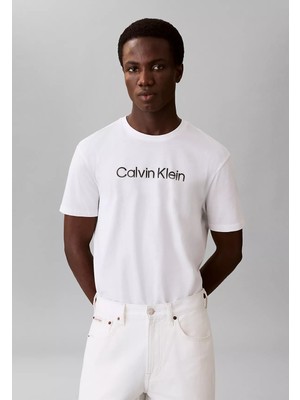 Calvin Klein Erkek Kısa Kol Bisiklet Yaka Calvın Yazı Desenli Pamuklu Beyaz T-Shirt LV04LF809G-YAF