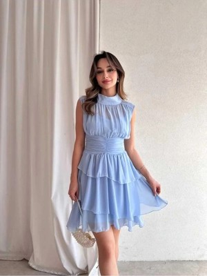 Moda Durağı Massimo Drapeli,dik Yaka,kolsuz,mini,fermuar Kapamalı,premium Kaliteli Şifon Elbise Mavi