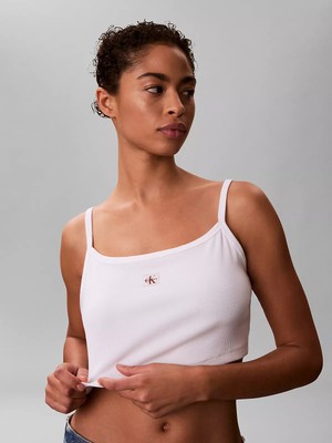 Calvin Klein Kadın Normal Kesim Ip Askılı Ck Logo Etiketli Crop Beyaz T-Shirt LV047F221G-YAF