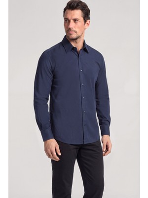 Paul & Shark Erkek Slim Fit Logo Göğsünde ve Sırtında Logo Detaylı Uzun Kollu Lacivert Gömlek 26413802-013