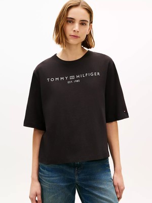 Tommy Hilfiger Kadın Kısa Kol Bisiklet Yaka Rahat Kesim Siyah T-Shirt WW0WW47811-BDS