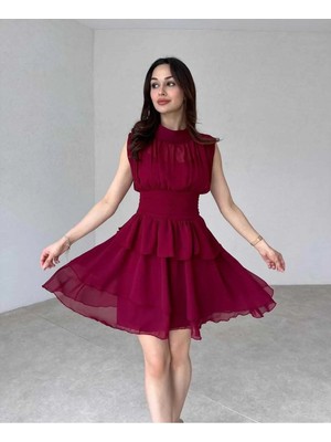 Moda Durağı Massimo Drapeli,dik Yaka,kolsuz,mini,fermuar Kapamalı,premium Kaliteli Şifon Elbise Bordo