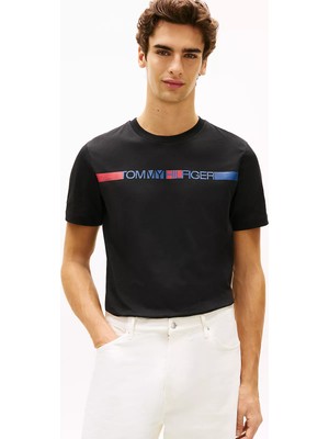 Tommy Hilfiger Erkek Normal Kesim Yuvarlak Ribana Yakalı Logo Baskılı Kısa Kollu Siyah T-Shirt MW0MW42368-BDS