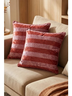 Mefaks Tekstil Çizgili Kırlent Kılıfı 2'li Set | Kiremit Koltuk Yastık Kılıfı 45X45 cm
