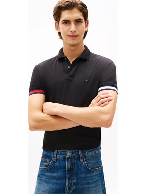 Tommy Hilfiger Erkek Normal Kalıp Logo Bayrak Işlemeli Pamuklu Kısa Kollu Siyah Polo Yaka T-Shirt MW0MW42743-BDS