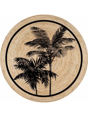 Kilim Home  Boho 959 Siyah Palmiye Ağaç Desenli Doğal Natural Jüt Yuvarlak