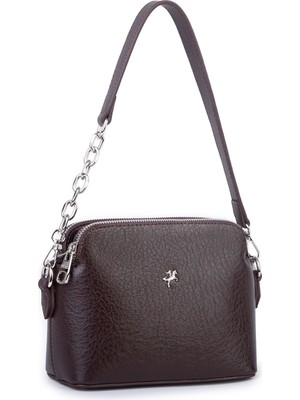 Nas Bag Kadın Sade Şık Omuz ve Çapraz Zincirli ve Uzun Çift Askılı (20X15 Cm) Kahverengi Victoria