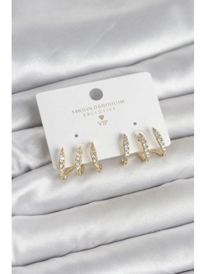 Erdo Ticaret Buğz Gold Renk Pirinç Zirkon Taşlı Kadın Küpe