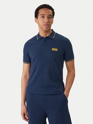 Versace Erkek Regular Fit Pamuklu Kolarında Şerit Desenli Kısa Kollu Mavi-Gold T-Shirt 80GAGT05 CJ01T-G83
