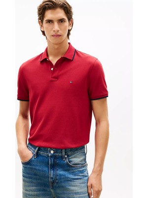 Tommy Hilfiger Erkek Düğme Kapama Kısa Kol %100 Pamuk Kırmızı Polo Yaka T-Shirt MW0MW42748-XIT