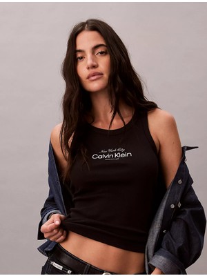 Calvin Klein Kadın Slim Fit Logo Desenli Yuvarlak Yakalı Askılı Siyah T-Shirt LV047F816G-UB1