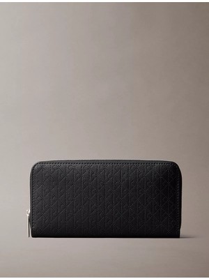 Calvin Klein Kadın Monogram Ck Desenli Fermuarlı Deri Siyah Cüzdan LV04F1151G-UB1