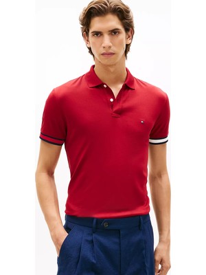 Tommy Hilfiger Erkek Normal Kalıp Logo Bayrak Işlemeli Pamuklu Kısa Kollu Kırmızı Polo Yaka T-Shirt MW0MW42743-XIT