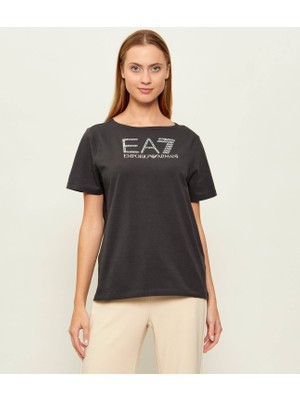 EA7 Kadın Göğüste Taş Detaylı Logo Desenli Pamuklu Yuvarlak Yakalı Kısa Kollu Gri T-Shirt 7W001098 AF14880-U8111