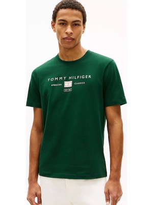 Tommy Hilfiger Erkek Normal Kesim Baskılı Pamuklu Yuvarlak Yakalı Kısa Kollu Yeşil T-Shirt MW0MW42365-MBN