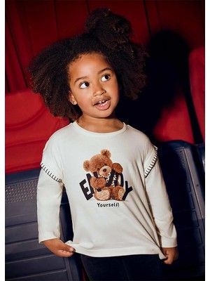 Mayoral Kışlık Kız Çocuk Uzun Kol Ayıcık Baskılı Tshirt - Krem