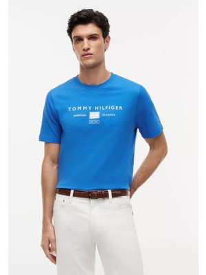 Tommy Hilfiger Erkek Normal Kesim Baskılı Pamuklu Yuvarlak Yakalı Kısa Kollu Mavi T-Shirt MW0MW42365-C4U