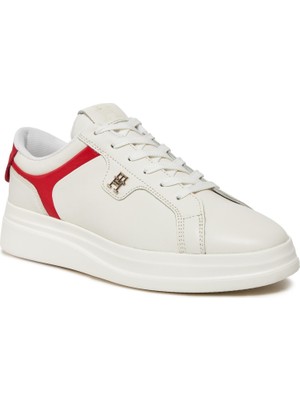 Tommy Hilfiger Kadın Marka Logolu Bağcıklı Kaydırmaz Tabanlı Günlük Beyaz Sneaker FW0FW07460-0K5