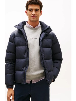 Tommy Hilfiger Erkek Normal Kalıp Kapitone Desenli Kuş Tüyü Dolgulu Isı Yalıtımlı Kapüşonlu Mavi Mont MW0MW40613-DW5