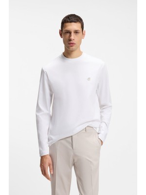 Boss Erkek Normal Kalıp %100 Pamuklu Logo Baskılı Uzun Kollu Beyaz Sweatshirt 50555107-100