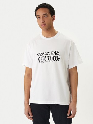 Versace Erkek Regular Fit Logo Desenli Pamuklu Yuvarlak Yakalı Kısa Kollu Beyaz T-Shirt 80GAHE04 CJ00E-003