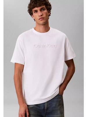 Calvin Klein Erkek Dokuma Kumaş Düz Bisiklet Yaka Beyaz T-Shirt LV04LF811G-YAF