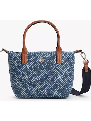 Tommy Hilfiger Kadın Deri Kulp Denim Kumaş Th Logo Desen Mavi Omuz Çantası AW0AW18612-0GY