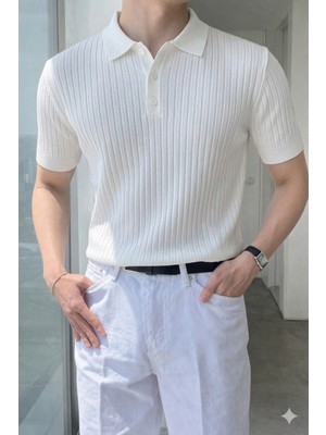 Tarz Cool Erkek Düğmeli Fitilli Triko Polo Tişört Slim Fit