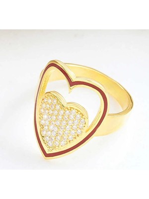 Inure Jewelry Gümüş Gold Beyaz Taşlı Kalpli Kadın Yüzük
