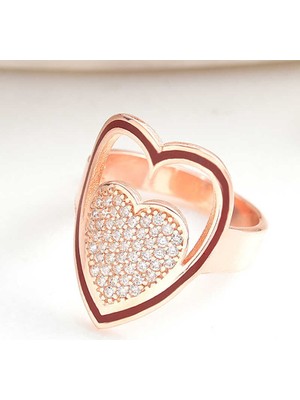 Inure Jewelry Gümüş Rose Beyaz Taşlı Kalpli Kadın Yüzük