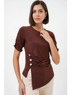 ribana Kadın Bisiklet Yaka Düğme Detaylı Sandy Bluz 992