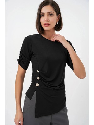 ribana Kadın Bisiklet Yaka Düğme Detaylı Sandy Bluz 992