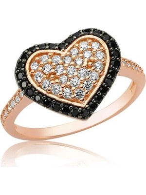 Inure Jewelry Gümüş Rose Siyah Taşlı Kalp Bayan Yüzük