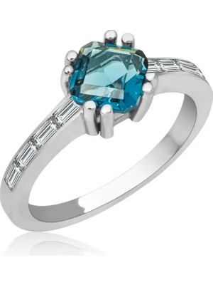 Inure Jewelry Gümüş Mavi Baget Tek Taş Kadın Yüzük