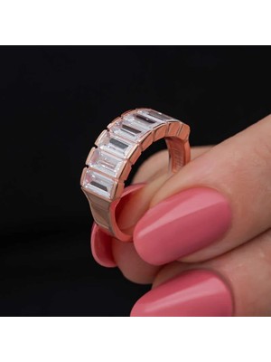 Inure Jewelry Gümüş Rose Baget  Beyaz Taşlı Kadın Yüzük