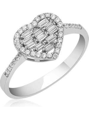 Inure Jewelry Gümüş Baget Taşlı Kalpli Kadın Yüzük