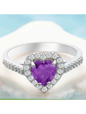 Inure Jewelry Gümüş Mor Taşlı Kalpli Kadın Yüzük