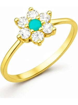 Inure Jewelry Gümüş Mavi Taşlı Gold Çiçek Kadın Yüzük