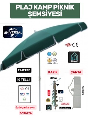 Dogant Yeşil Plaj Şemsiyesi 200 cm Çapında UV Koruma Özellikli Yuvarlak Şemsiye Taşıma Çantalı