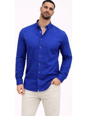 MiraLive Erkek Keten Kumaş Oversize Uzun Kollu Rahat Kalıp Gömlek - Saks Mavisi