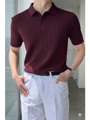 Tarz Cool Erkek Düğmeli Fitilli Triko Polo Tişört Slim Fit