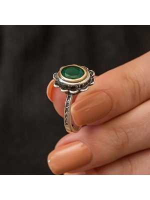 Inure Jewelry Gümüş Yeşil Çiçek Desenli Otantik Kadın Yüzük