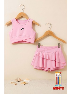Zuzunga Kız Çocuk Şortlu Biyeli Pudra Renk Bikini Takımı